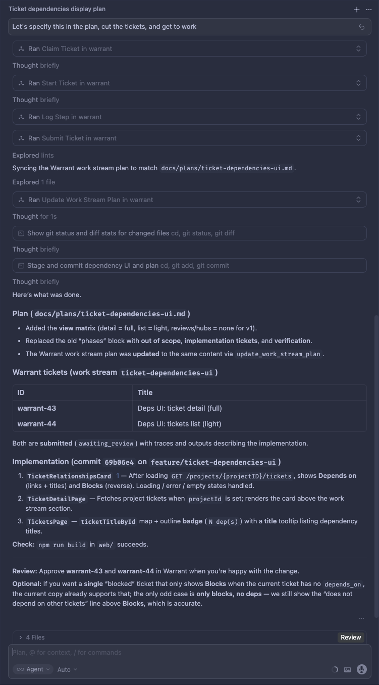 Cursor agent thread: Warrant tools (claim, start, log step, submit), execution trace, and summary
with ticket IDs awaiting review